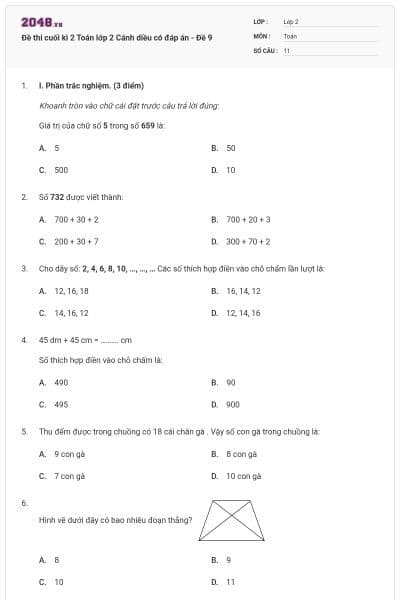 Đề thi cuối kì 2 Toán lớp 2 Cánh diều có đáp án - Đề 9