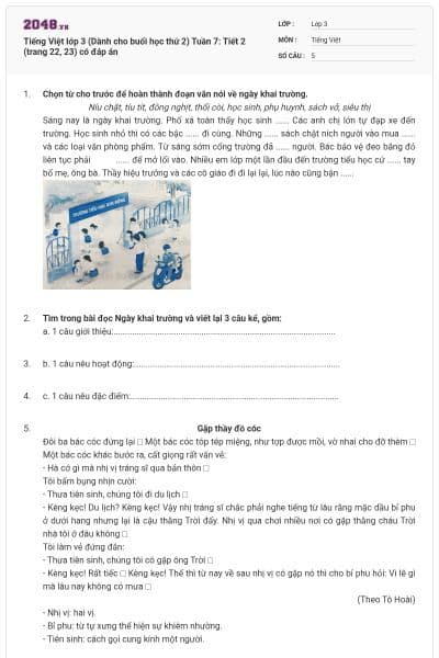 Tiếng Việt lớp 3 (Dành cho buổi học thứ 2) Tuần 7: Tiết 2 (trang 22, 23) có đáp án