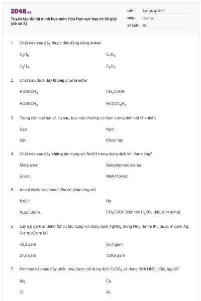 Tuyển tập đề thi minh họa môn Hóa Học cực hay có lời giải (đề số 8)