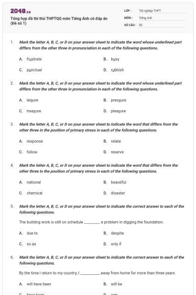 Tổng hợp đề thi thử THPTQG môn Tiếng Anh có đáp án (Đề số 1)