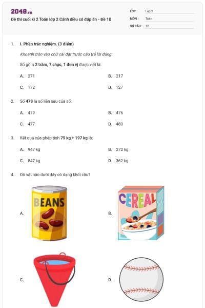 Đề thi cuối kì 2 Toán lớp 2 Cánh diều có đáp án - Đề 10