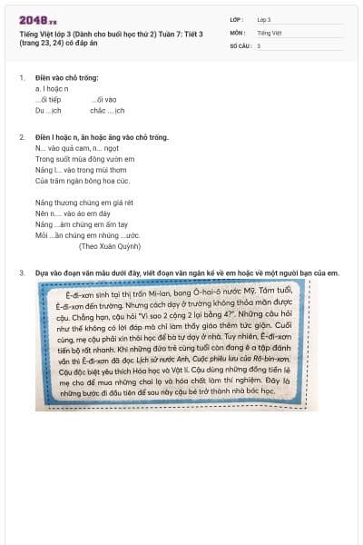 Tiếng Việt lớp 3 (Dành cho buổi học thứ 2) Tuần 7: Tiết 3 (trang 23, 24) có đáp án