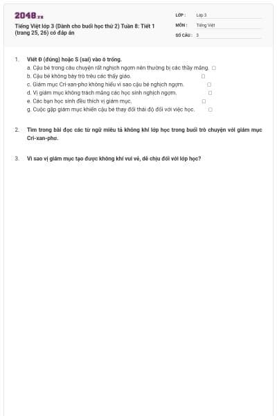 Tiếng Việt lớp 3 (Dành cho buổi học thứ 2) Tuần 8: Tiết 1 (trang 25, 26) có đáp án