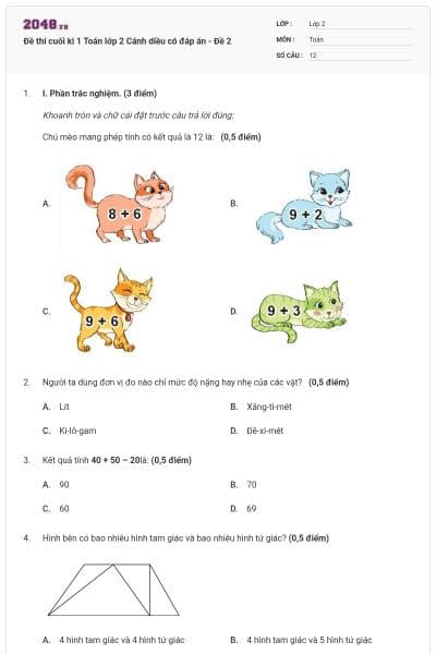 Đề thi cuối kì 1 Toán lớp 2 Cánh diều có đáp án - Đề 2