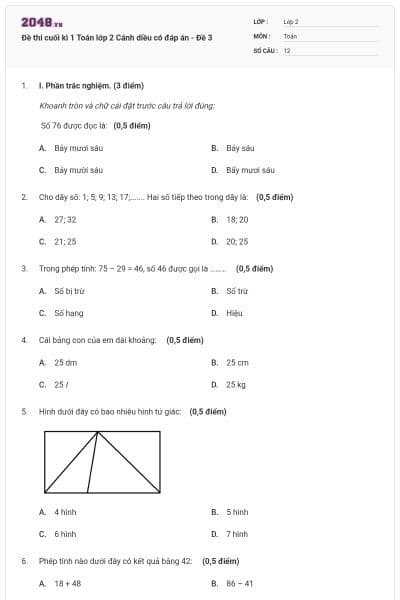 Đề thi cuối kì 1 Toán lớp 2 Cánh diều có đáp án - Đề 3