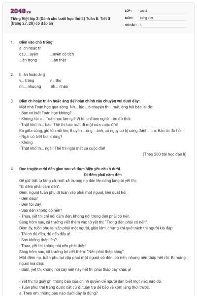 Tiếng Việt lớp 3 (Dành cho buổi học thứ 2) Tuần 8: Tiết 3 (trang 27, 28) có đáp án