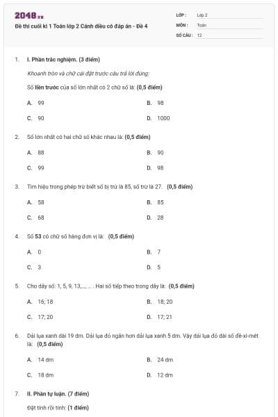Đề thi cuối kì 1 Toán lớp 2 Cánh diều có đáp án - Đề 4