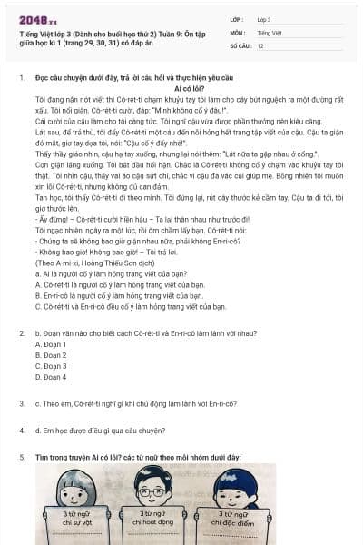 Tiếng Việt lớp 3 (Dành cho buổi học thứ 2) Tuần 9: Ôn tập giữa học kì 1 (trang 29, 30, 31) có đáp án