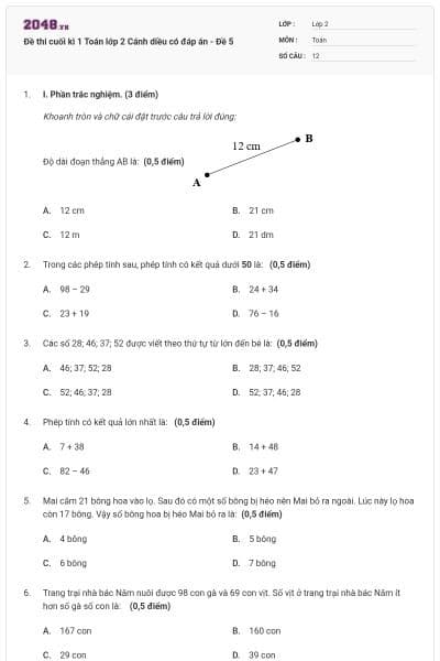 Đề thi cuối kì 1 Toán lớp 2 Cánh diều có đáp án - Đề 5