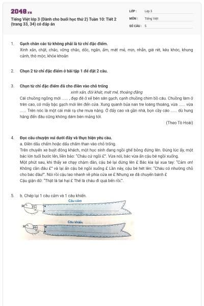 Tiếng Việt lớp 3 (Dành cho buổi học thứ 2) Tuần 10: Tiết 2 (trang 33, 34) có đáp án