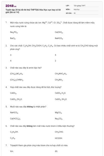 Tuyển tập 20 bộ đề thi thử THPTQG Hóa Học cực hay có lời giải (Đề số 14)