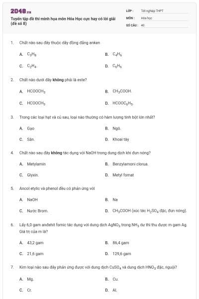 Tuyển tập đề thi minh họa môn Hóa Học cực hay có lời giải (đề số 8)