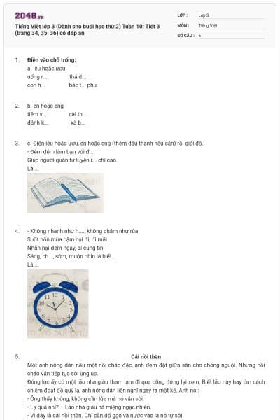 Tiếng Việt lớp 3 (Dành cho buổi học thứ 2) Tuần 10: Tiết 3 (trang 34, 35, 36) có đáp án