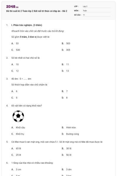 Đề thi cuối kì 2 Toán lớp 2 Kết nối tri thức có đáp án - Đề 2