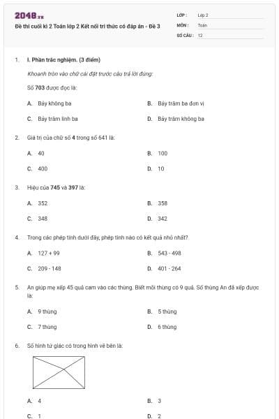 Đề thi cuối kì 2 Toán lớp 2 Kết nối tri thức có đáp án - Đề 3