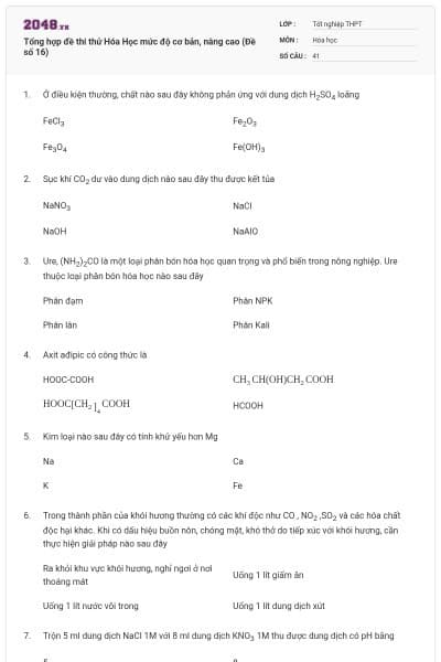 Tổng hợp đề thi thử Hóa Học mức độ cơ bản, nâng cao (Đề số 16)