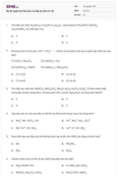 Bộ đề luyện thi Hóa Học có đáp án (Đề số 16)