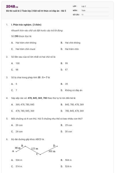 Đề thi cuối kì 2 Toán lớp 2 Kết nối tri thức có đáp án - Đề 5