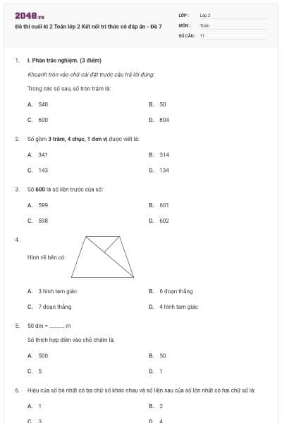 Đề thi cuối kì 2 Toán lớp 2 Kết nối tri thức có đáp án - Đề 7