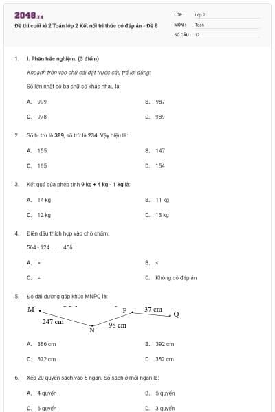 Đề thi cuối kì 2 Toán lớp 2 Kết nối tri thức có đáp án - Đề 8
