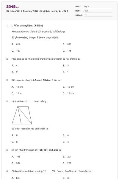 Đề thi cuối kì 2 Toán lớp 2 Kết nối tri thức có đáp án - Đề 9
