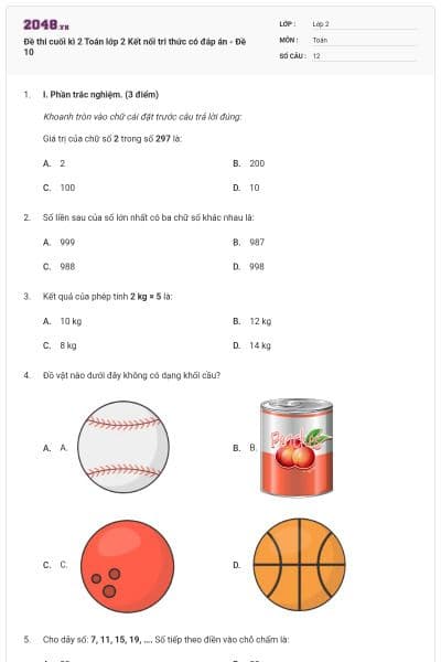 Đề thi cuối kì 2 Toán lớp 2 Kết nối tri thức có đáp án - Đề 10