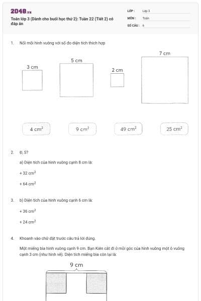 Toán lớp 3 (Dành cho buổi học thứ 2): Tuần 22 (Tiết 2) có đáp án