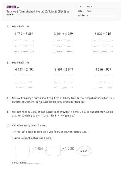 Toán lớp 3 (Dành cho buổi học thứ 2): Tuần 23 (Tiết 2) có đáp án