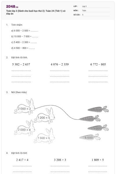 Toán lớp 3 (Dành cho buổi học thứ 2): Tuần 24 (Tiết 1) có đáp án
