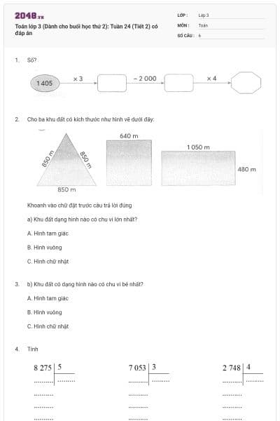 Toán lớp 3 (Dành cho buổi học thứ 2): Tuần 24 (Tiết 2) có đáp án
