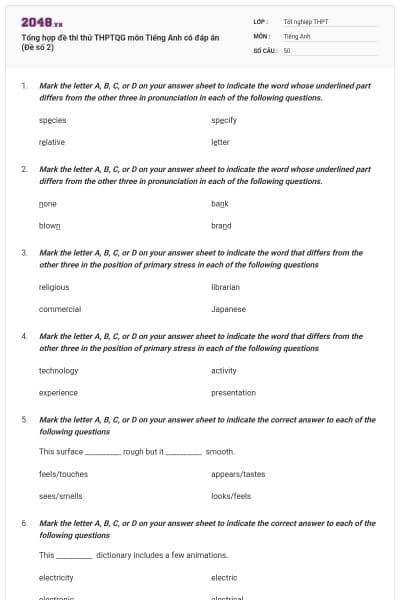 Tổng hợp đề thi thử THPTQG môn Tiếng Anh có đáp án (Đề số 2)