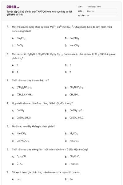 Tuyển tập 20 bộ đề thi thử THPTQG Hóa Học cực hay có lời giải (Đề số 14)