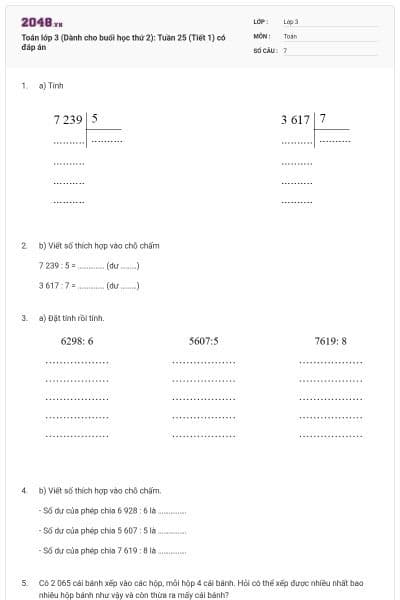 Toán lớp 3 (Dành cho buổi học thứ 2): Tuần 25 (Tiết 1) có đáp án