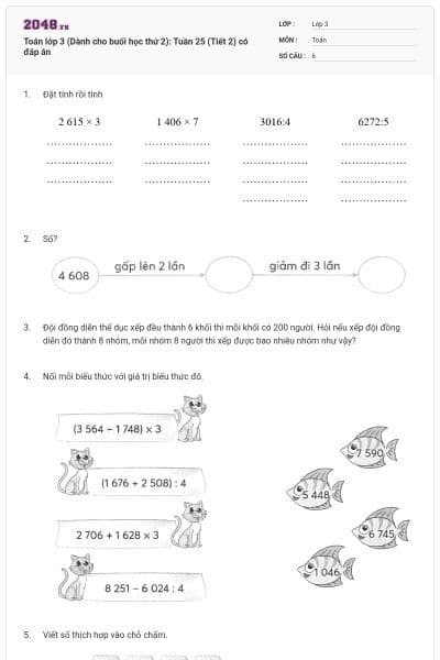 Toán lớp 3 (Dành cho buổi học thứ 2): Tuần 25 (Tiết 2) có đáp án