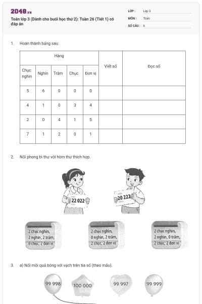 Toán lớp 3 (Dành cho buổi học thứ 2): Tuần 26 (Tiết 1) có đáp án