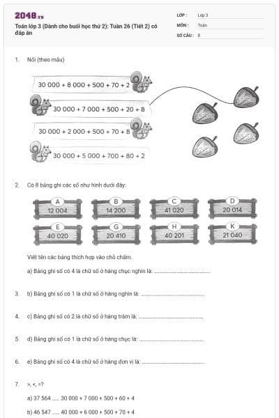Toán lớp 3 (Dành cho buổi học thứ 2): Tuần 26 (Tiết 2) có đáp án