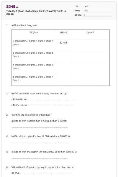 Toán lớp 3 (Dành cho buổi học thứ 2): Tuần 27( Tiết 2) có đáp án