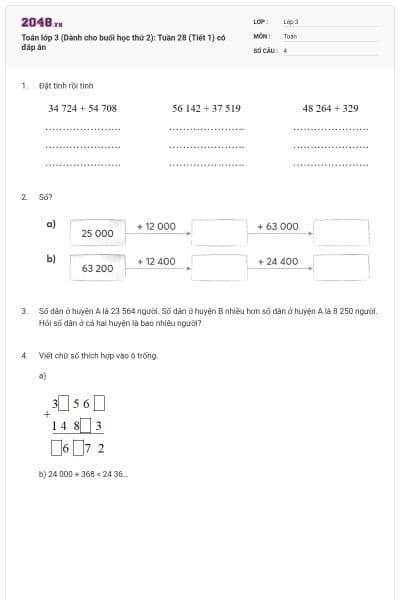 Toán lớp 3 (Dành cho buổi học thứ 2): Tuần 28 (Tiết 1) có đáp án