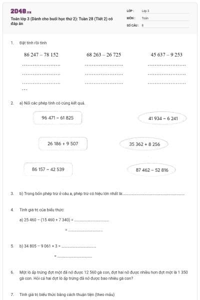 Toán lớp 3 (Dành cho buổi học thứ 2): Tuần 28 (Tiết 2) có đáp án