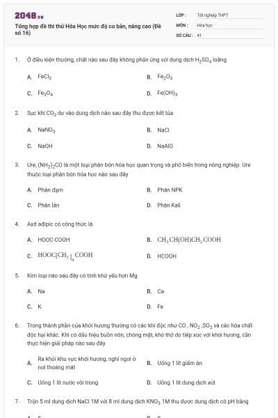 Tổng hợp đề thi thử Hóa Học mức độ cơ bản, nâng cao (Đề số 16)