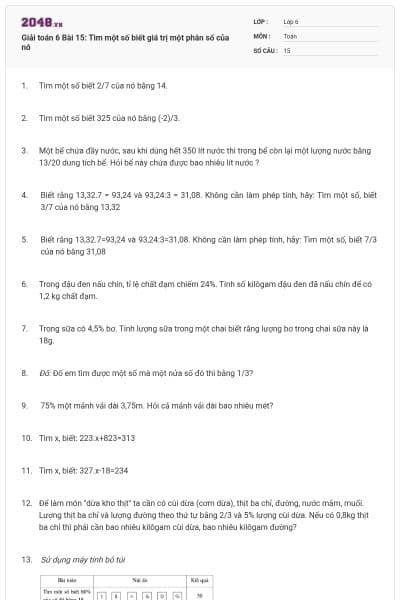 Giải toán 6 Bài 15: Tìm một số biết giá trị một phân số của nó