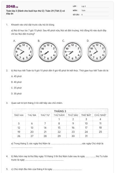 Toán lớp 3 (Dành cho buổi học thứ 2): Tuần 29 (Tiết 2) có đáp án