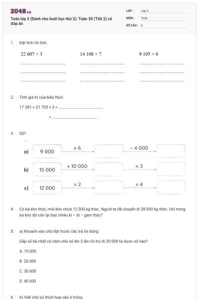Toán lớp 3 (Dành cho buổi học thứ 2): Tuần 30 (Tiết 2) có đáp án