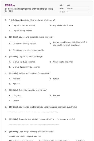 Đề thi cuối kì 2 Tiếng Việt lớp 2 Chân trời sáng tạo có đáp án - Đề 3