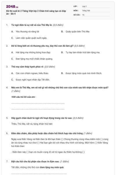 Đề thi cuối kì 2 Tiếng Việt lớp 2 Chân trời sáng tạo có đáp án - Đề 4