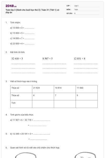 Toán lớp 3 (Dành cho buổi học thứ 2): Tuần 31 (Tiết 1) có đáp án