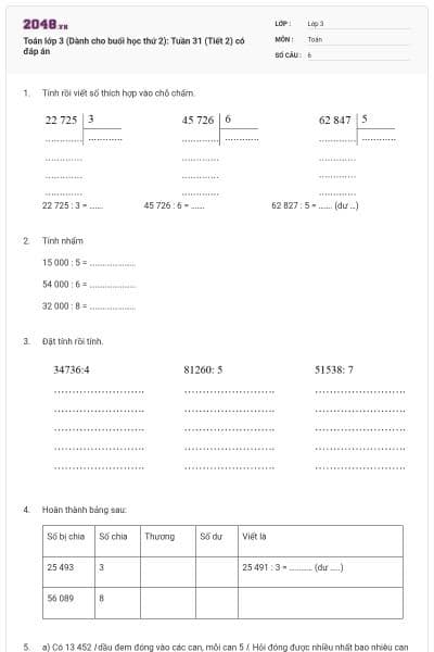 Toán lớp 3 (Dành cho buổi học thứ 2): Tuần 31 (Tiết 2) có đáp án