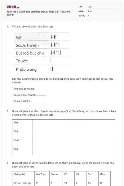 Toán lớp 3 (Dành cho buổi học thứ 2): Tuần 32 (Tiết 2) có đáp án