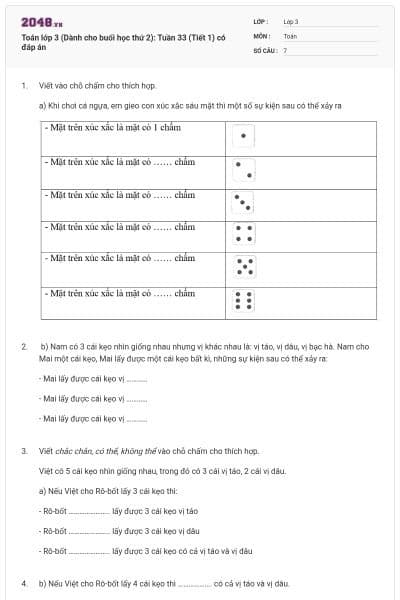 Toán lớp 3 (Dành cho buổi học thứ 2): Tuần 33 (Tiết 1) có đáp án