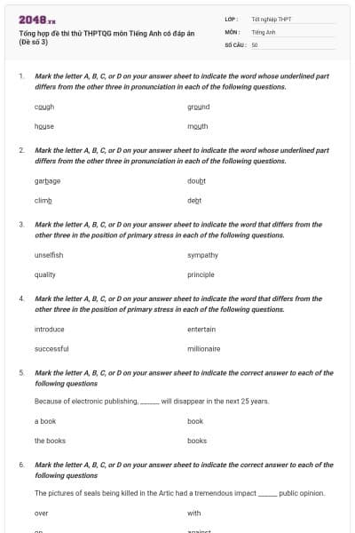 Tổng hợp đề thi thử THPTQG môn Tiếng Anh có đáp án (Đề số 3)